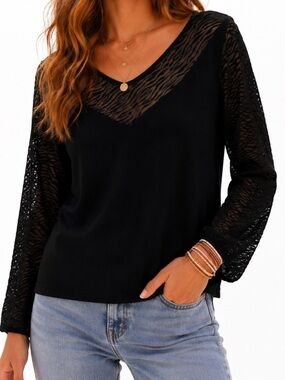 Black Sweater Top  Sheer Long Sleeve Zebra Pattern V-Neck M